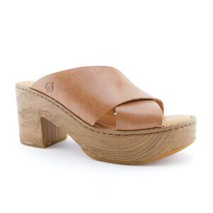 New BORN Cognac Brown Leather Crisscross Strap Block Heel Slide Sandals 8
